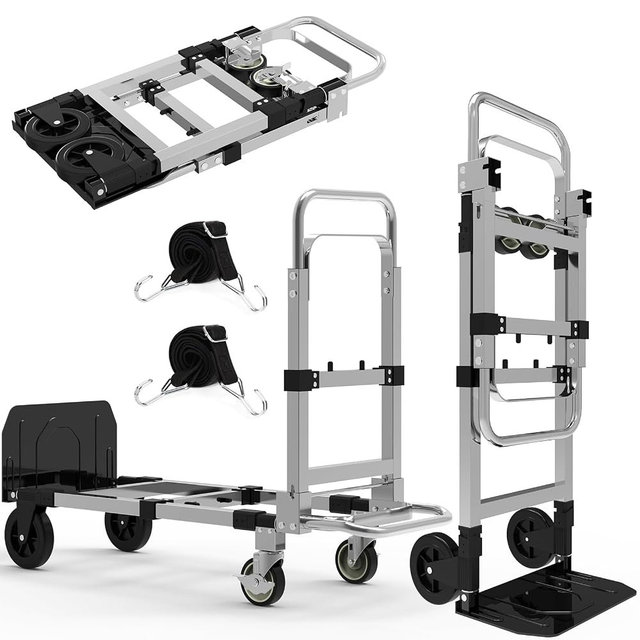 3 in 1 Heavy Duty Folding Hand Truck, Convertible Portable Steel Dolly with Telescopic Handle, Foldable Utility Cart with Rubber Wheels, 500 LBS