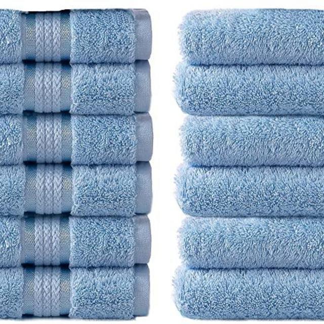 COTTON CRAFT - 12 Pack - Ultra Soft Extra Large Wash Cloths 12x12 Light Blue - 100% Pure Ringspun Cotton - Luxurious Rayon Trim - Ideal for Daily Use - Each Towel Weighs 2 Ounces