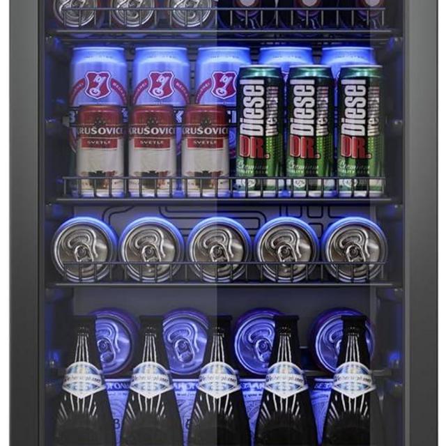 3.2 Cu.Ft Beverage Fridge, Mini Fridge With Glass Door, Beverage Cooler Refrigerator, Wine Drink Beer Fridge, Adjustable Shelves & Digital Temperature Display, 26 Bottle 128 Can