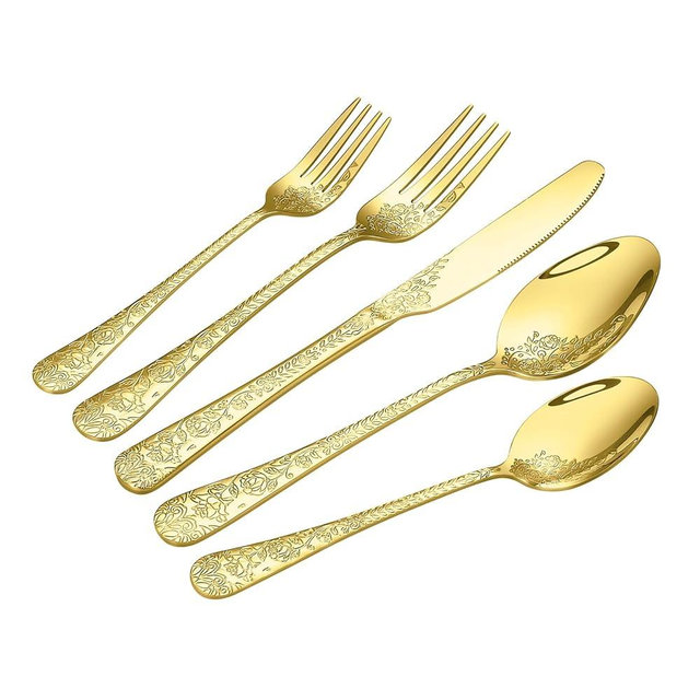 Floral 40 Pcs Gold Silverware Set for 8, Food Grade Stainless Steel Flatware Set with Rose Flower Embossed Design, Eating Utensils Sets Include Fork/Knife/Spoon, Reusable Cutlery Set, Dishwasher Safe