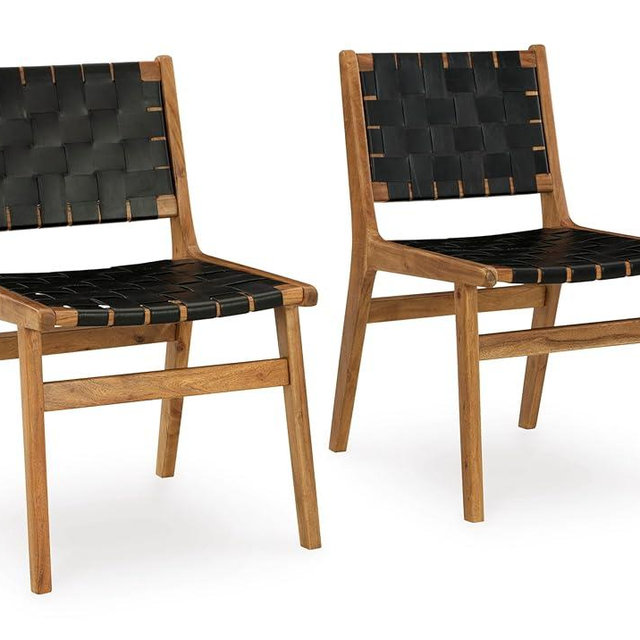 Signature Design by Ashley Fortmaine Modern Upholstered Armless Dining Chair with Open Back and Woven Leather Straps, Set of 2, Light Brown & Black