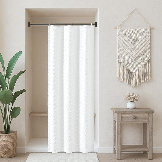 TURKIO Small Stall White Boho Fabric Shower Curtain, 36x72 Half Size, Textured Tufted Chevron Striped Minimalist Cloth Bathroom Shower Curtain