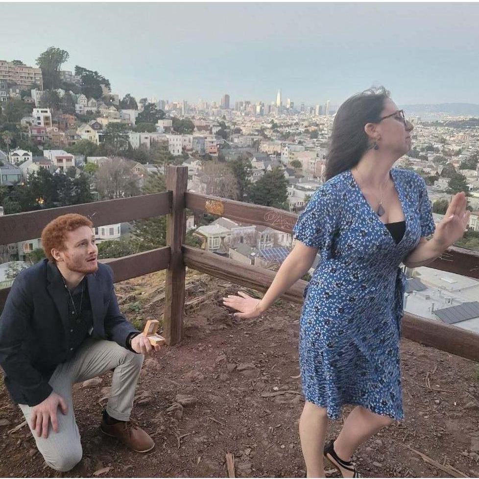 February 19, 2022 - SF | Joking around right after the proposal (it was Eli's idea!)