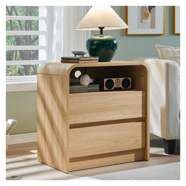 SinCiDo 25" Tall Modern Nightstand, Wood Bedside Table w/Charging Station & 2 Drawers, Mid Century End Table for Bedroom, Living Room, Natural Oak