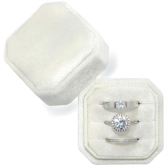 Beatilog Velvet Ring Box 3 Slots - Octagon Premium Velvet Ring Holder Handmade Three Rings Bearer for Wedding Ceremony, Proposal, Engagement, Christmas, Photography （Ivory）