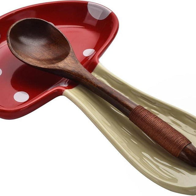 Cute Mushroom Shape Spoon Holder for Kitchen Countertop,Large Ceramic Spoon Rest for Stove Top,Cooking Kitchen Spoon Rest Utensil Rest Spatula for Decor Housewarmings Christmas Gift (Red)