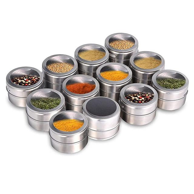 Beeyoka Magnetic Spice Jars,12 Pcs Stainless Steel Spice Tins with Lid and Small Holes for Sprinkle Rust Free Easy to Clean Includes 94 Labeling Stickers