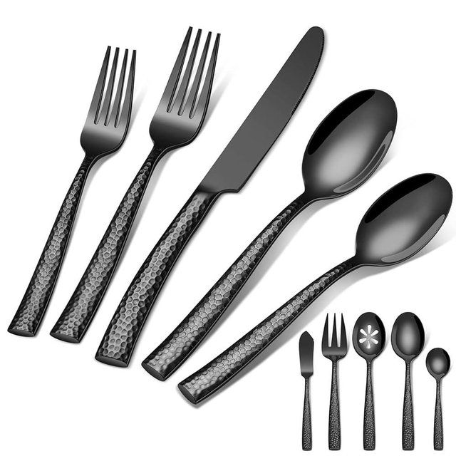 65-Piece Silverware Set with Serving Utensils, Ollex Durable Stainless Steel Black Hammered Flatware Set for 12 with Knives Forks Spoons Large Serving utensil Set for Home Restaurant, Dishwasher Safe