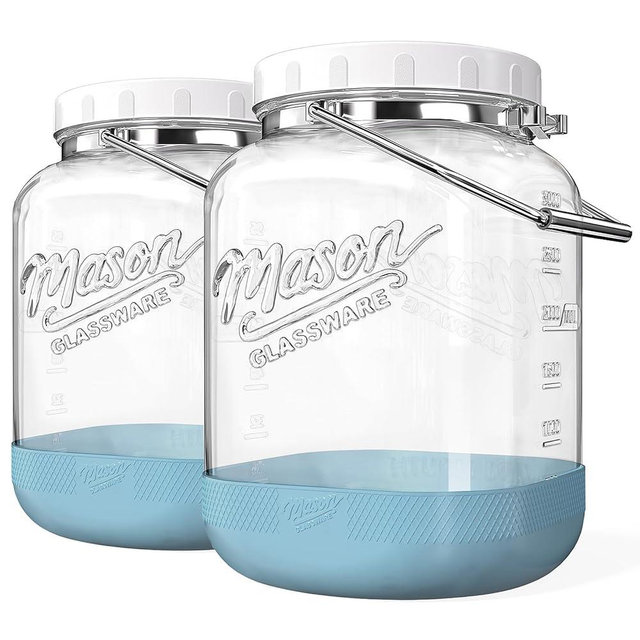 Dwbligt 2 Pack Square Wide Mouth Mason Jars, 1 Gallon Glass Jar With Airtight Lid and Scale Marks, 128 FL Oz/3785 ML Food Storage Containers with Handles & Non-slip Bases - for Flour, Rice, Pickling
