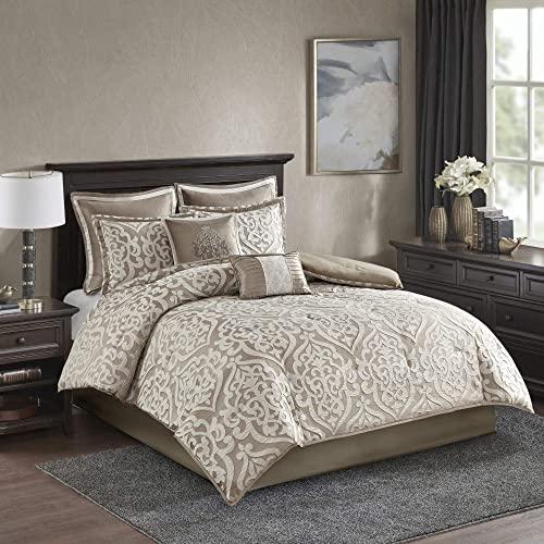 Madison Park Odette 8 Piece Comforter Textured Jacquard, Damask Medallion, Embroidered Pillow All Season Modern Classic Luxe Bedding Set, Matching Sham, Bedskirt, Cal King, Tan