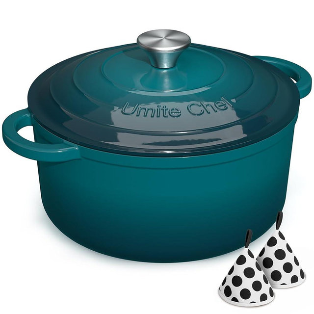 Umite Chef 7QT Enameled Cast Iron Dutch Oven with Lid & Cotton Potholders–Heavy-Duty Cookware for Bread Baking, Braising, Stews, Marinate, Cook(Emerald)