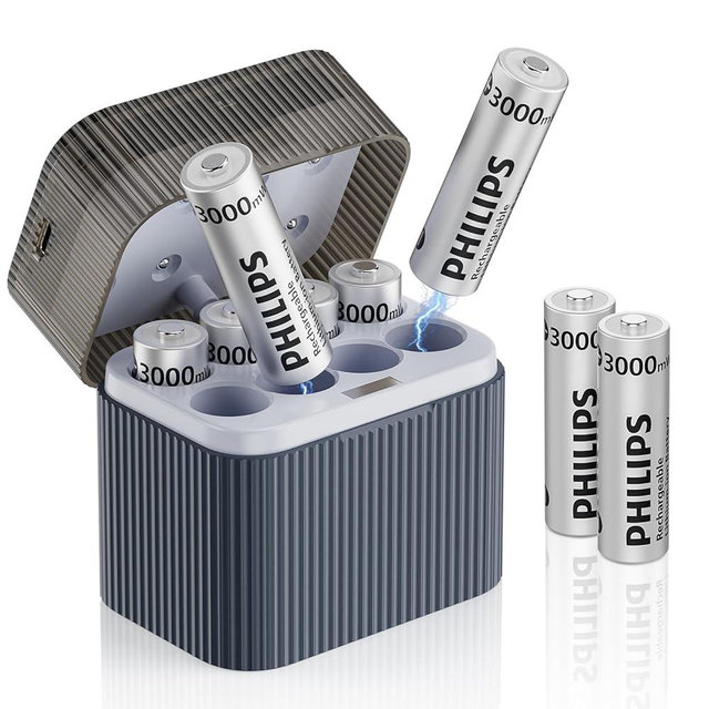 Philips Rechargeable AA Lithium Batteries with Charger 8 Pack - 1.5V 3000mWh High Capacity Li-ion Double A Batteries 1200 Cycles Fast Charging for Xbox/Blink/Solar Lights
