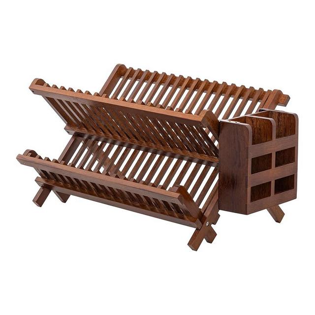 HBlife Dish Rack,Teak Folding 2-Tier Collapsible Drainer Dish Drying Rack with Utensils Flatware Holder Set