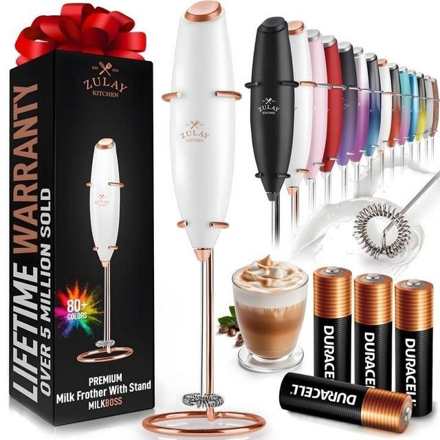 Zulay Powerful Milk Frother (4 Duracell Batteries Included) - Handheld Milk Frother Wand Drink Mixer for Coffee - Powerful Milk Foamer for Cappuccino, Matcha - Exec White & Rose Gold