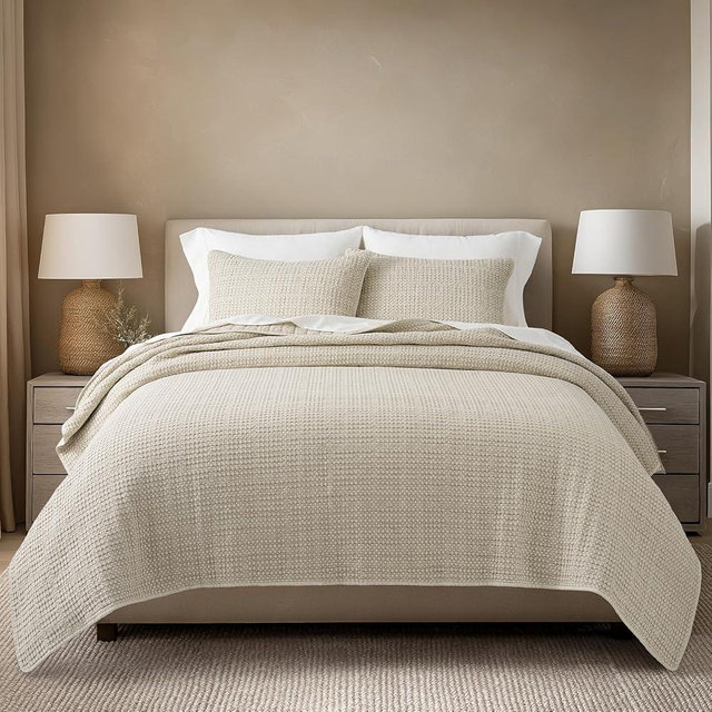 EVERGRACE Stonewashed 100% Natural Cotton Waffle Quilt Set Queen Size 3 Pieces, Durable, Textured & Substantial Bedding, Quilted Coverlet Bedspread with 2 Shams for All Seasons, Natural