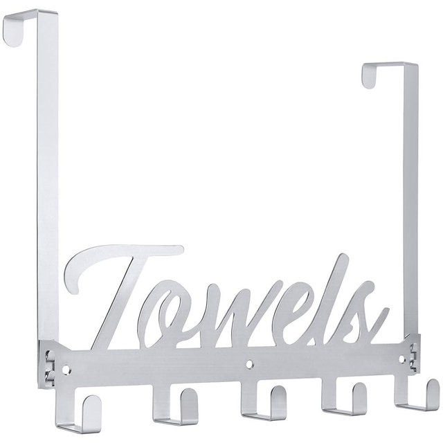 Azmoncy Over The Door Hooks, Towel Hook Towel Holder Over Door Towel Hanger Door Hanger with 5 Coat Hooks Towel Rack for Bathroom Bedroom Kitchen, Chrome