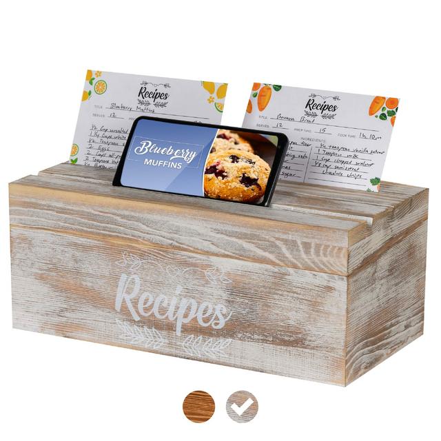 Pinelive 700+ Large Recipe Box with Cards and Dividers PLUS Phone/iPad Holder. 152 Index Recipe Cards 4x6, 16 Dividers and Measurements in Recipe Card Box. Pine Wooden Recipe Box Organizer (White)