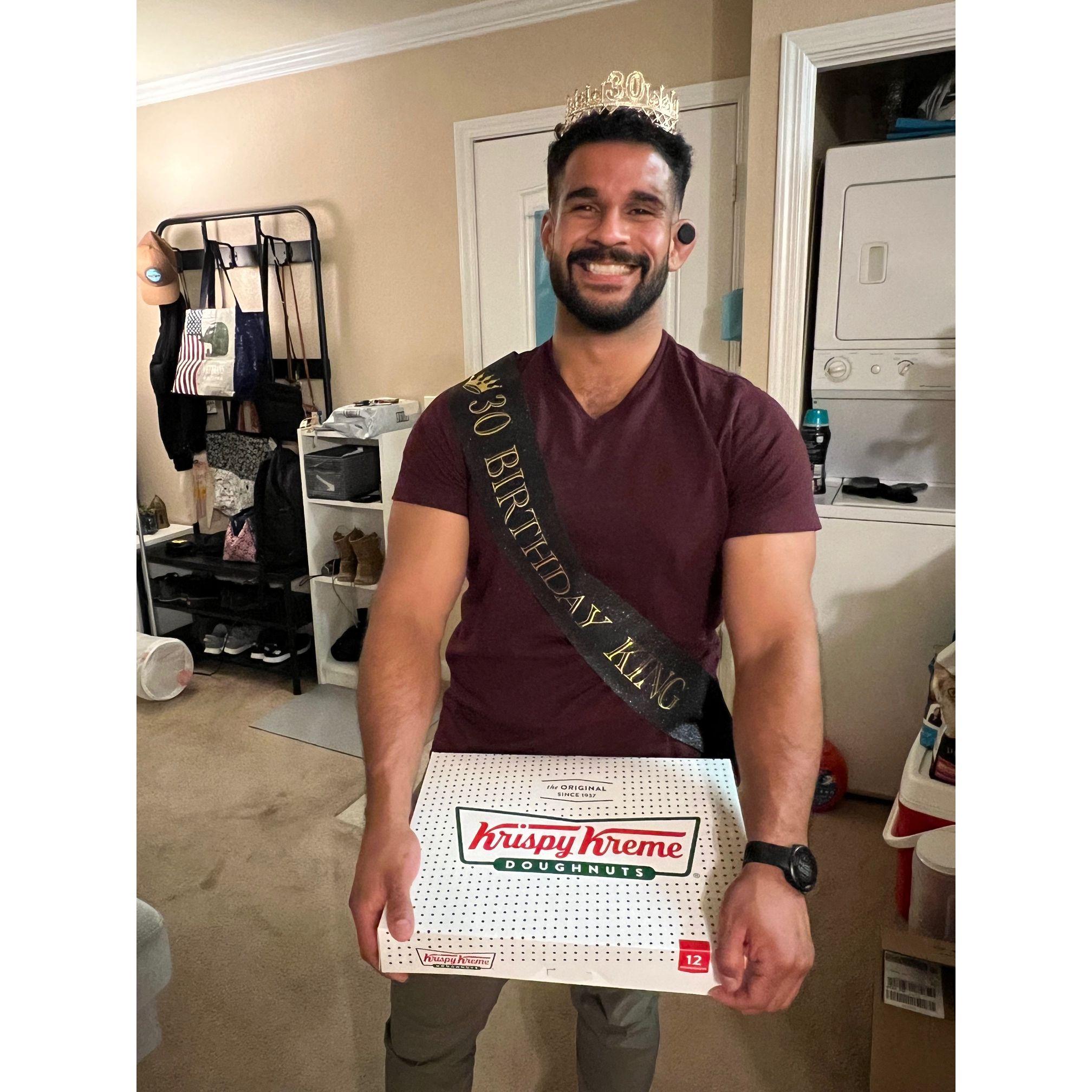 The birthday man drove to San Diego to surprise Claire with donuts to celebrate her promotion news, ON HIS BIRTHDAY!