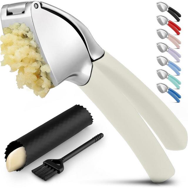 Zulay Comfort Grip Garlic Press - Garlic Mincer Tool - Garlic Crusher - Garlic Press Mincer Rust Proof, with Soft Ergonomic Handle, Easy Clean Set with Peeler and Brush - White
