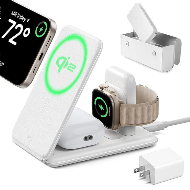 ESR Qi2 3 in 1 Charging Station for Apple, [Certified] Apple Watch Charger & Qi2 15W MagSafe Charger Stand, Travel Charger for iPhone 16/15/14/13/12 Series, Watch & AirPods, White (Bag Included)