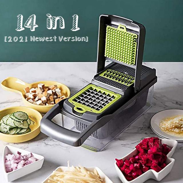 Onion Chopper Vegetable Chopper Mandoline - KKCITE 7 Blades Large Dicer Kitchen Manual Hand Held Veggie Chopper, Stainless Steel Food Chopper for Fruit Salad（Gray )