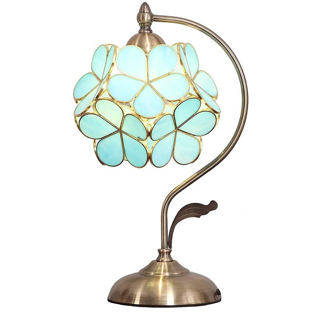 Bieye L10752 Cherry Blossom Tiffany Style Stained Glass Table Lamp with Petal Lampshade Vintage Brass Base, 8" W x 17" H (Ice Blue)