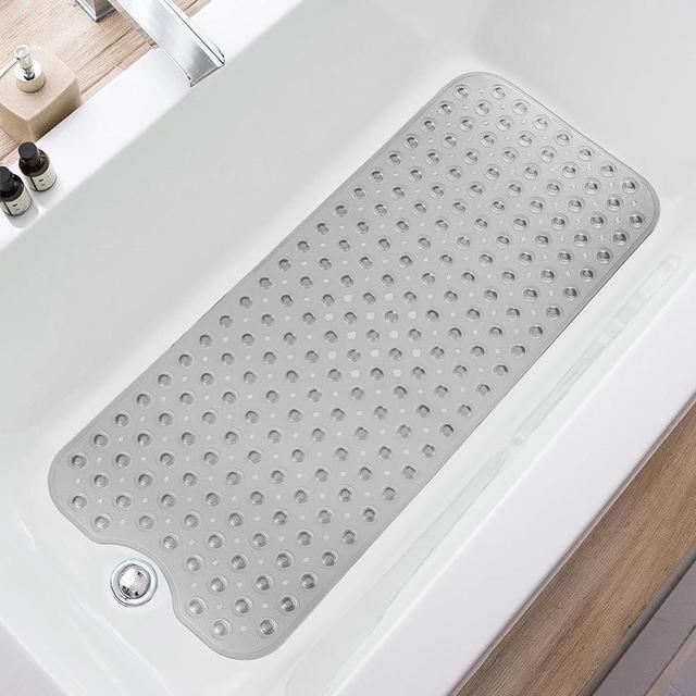 TEESHLY Extra Long Non-Slip Bath Mat with Drain Holes and Suction Cups, 39 x 16 Inch Mat for Bathtub and Shower, Machine Washable (Clear Grey)