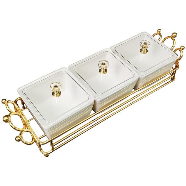 YA JU Ceramic small Snack bowl With Cover Metal Tray, 3 Removable dip bowls are used For Snack, potato chips, fruits, candies, and condiments - Perfect for birthday, parties, Holiday, gift