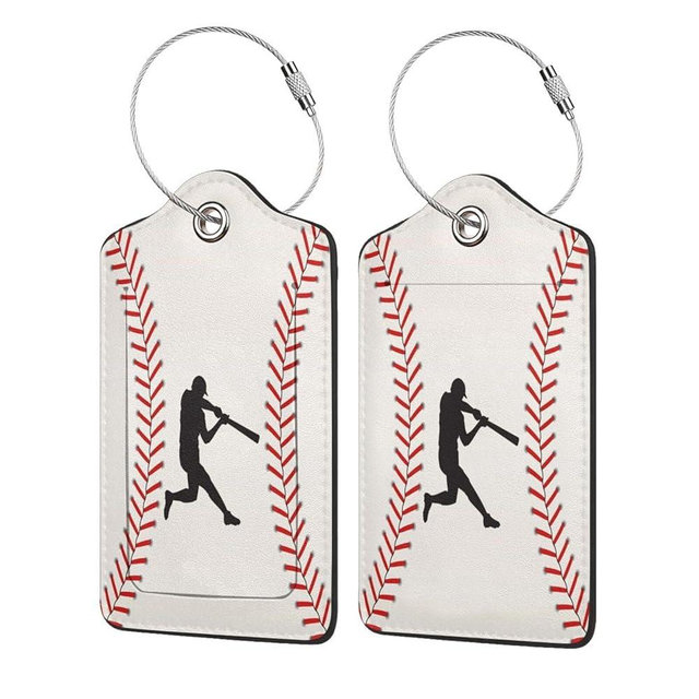 2 Pcs PU Leather Travel Name ID Tags - Baseball Luggage Tags with Full-Width Design, Stainless Steel Loop, Address Card for Luggage