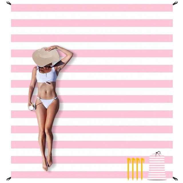 BEW Pink Stripe Beach Blanket Sandproof Waterproof, Extra Large 78''×86'' Beach Mat for 1-4 Adults with Stakes and Sand Pocket, Compact Lightweight Sand Free Picnic Mat Beach Essential