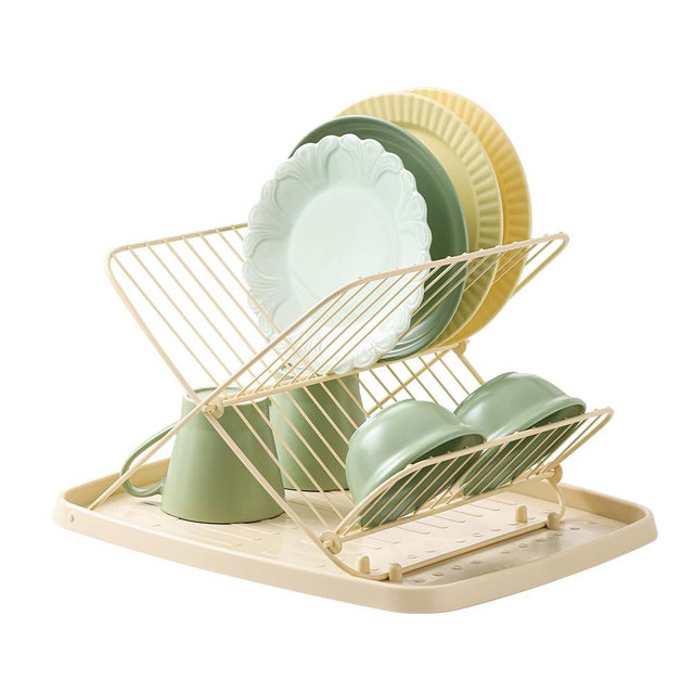 XingXiuSis Folding Dish Drying Rack with Drip Tray Collapsible Dish Rack for Kitchen Counter 2 Tier Foldable Dish Drainers for Large Capacity Wire Expandable, Cream