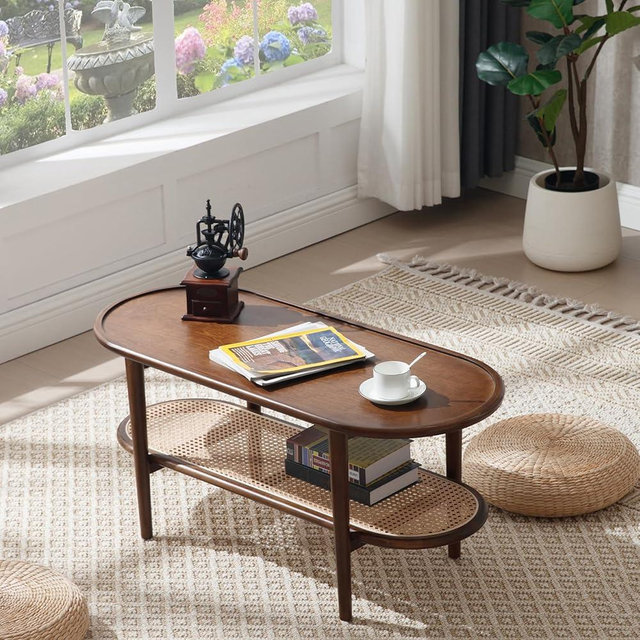 ZH4YOU Rattan Wood Mid Century Modern Coffee Table, 39.5" Oval Center Table with Cane Wicker Storage Shelf for Living Room, Indoor, Home Décor (Walnut)