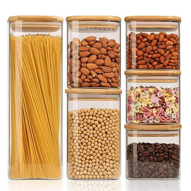 ComSaf Food Storage Containers with Airtight Bamboo Lids Set of 6, Clear Glass Canister Food Jar with Sealing Lid Kitchen Pantry Storage Container for Spaghetti Pasta Sugar Flour Cereal Beans, Square