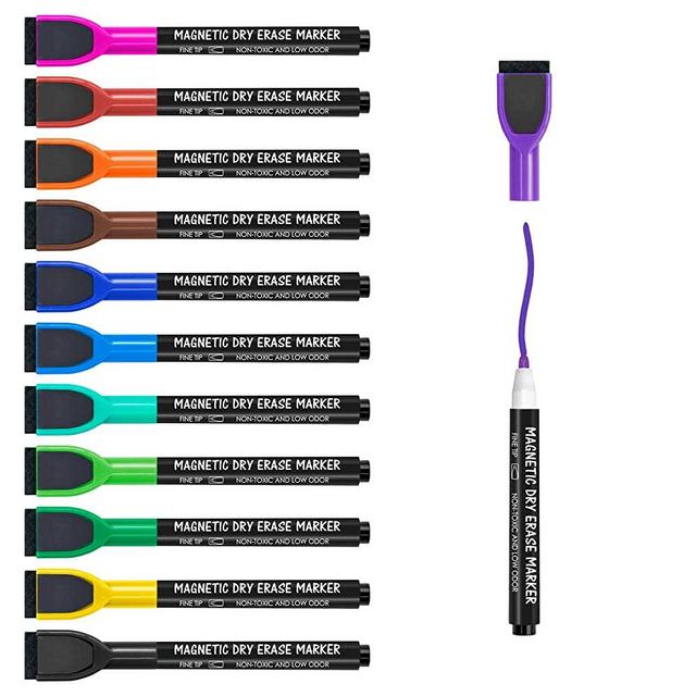 maxtek Dry Erase Markers Fine Tip, Magnetic Whiteboard Markers with Eraser, 12 Count Colorful Fine Point Dry Erase Markers for Kids, Low Odor Thin Dry Erase Markers for Calendar Boards