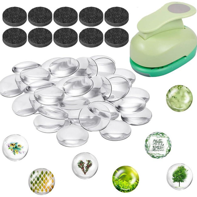 97pcs DIY Fridge Magnets Craft Set Include 1-Inch Paper Punch,Craft Magnets Glass Ceramic Ferrite Magnet with Adhesive Backing and Clear Glass Cabochons for Refrigerator (48 Sets,1 Inch, Round) (97)