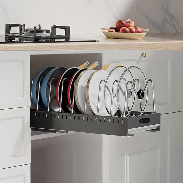 bealy Pots and Pans Organizer for Under Cabinet, Pull Out Cabinet Organizers for Kitchen Cabinet Storage Adjustable Dividers,Slide Out Pot Lid, Pot, Bakeware,Dishesand Pan Organizer for Kitchen