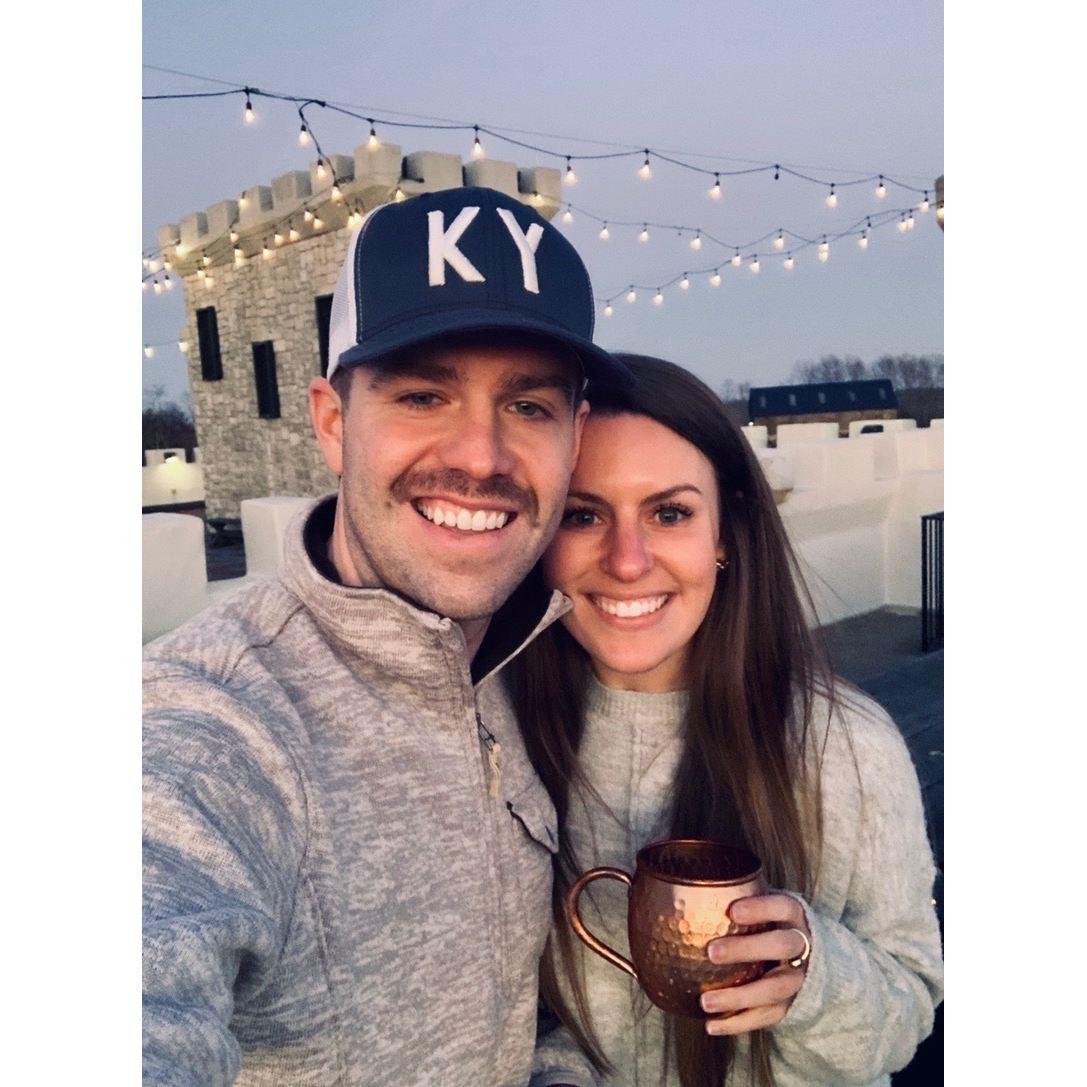 drinks on top of the Kentucky Castle to celebrate Luke's 4000 miles