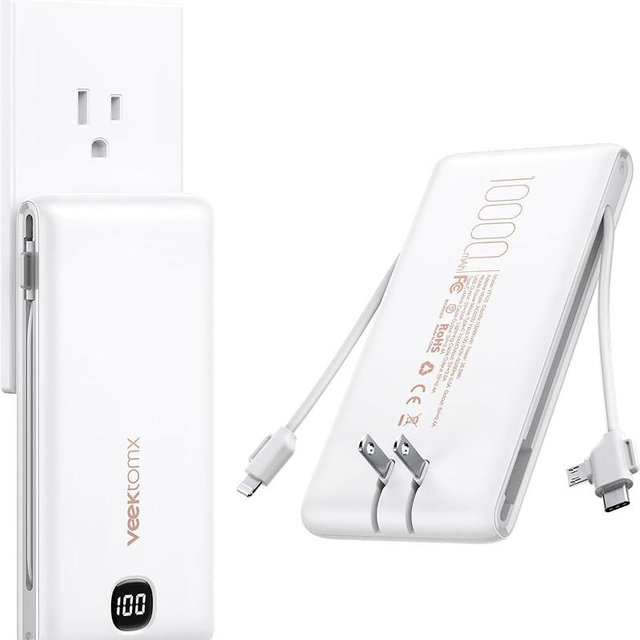 VEEKTOMX Portable Charger with Built in Cables 10000mAh, Power Bank for iPhone with AC Wall Plug, Fast Charging USB C Slim Battery Pack with LED Display Compatible with iPhone 17/16/15/14, Samsung
