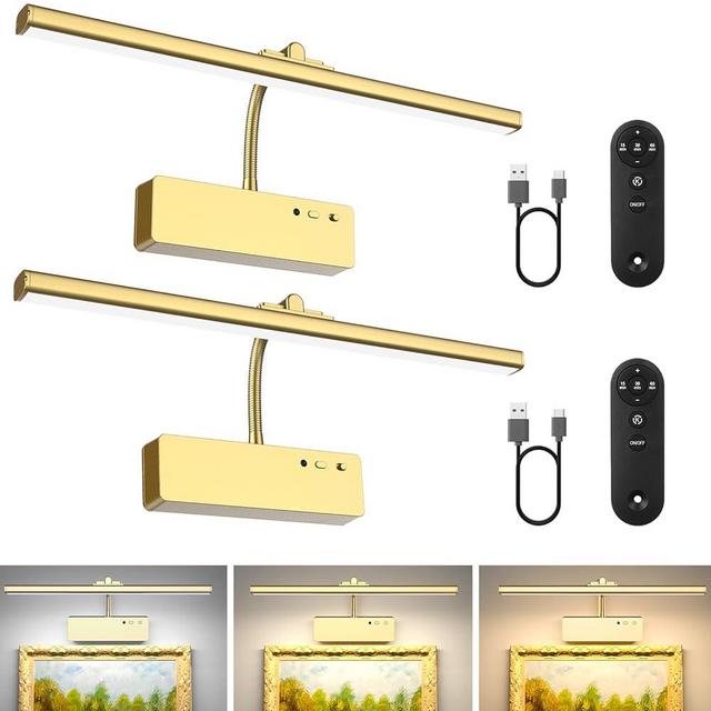 Picture Light with Remote, 15.35inch Wireless Rechargeable Battery Wall Light for Paintings, 3 Colors Paintings Light Dimmable and Timer Metal Art Light for Display, Wall, Artwork, Gallery (Gold) 2PCS