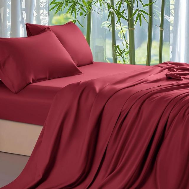 Shilucheng 100% Viscose Derived from Bamboo_ Sheets Queen Size 4pcs - Ultra Cooling & Silky Soft Bed Sheets, 16" Deep Pocket, Perfect for Hot Sleepers, Hotel Bedding Sheets (Burgundy)