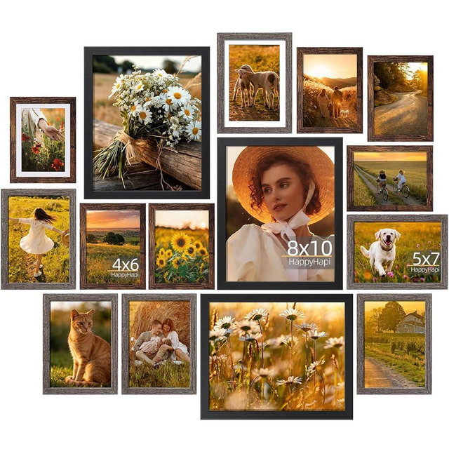 HappyHapi 15 Pack Picture Frames Collage Wall Decor, Gallery Frame Set for Mounting or Tabletop Display, Multi Sizes Including 3Pcs Black 8x10, 6Pcs Gray 5x7, 6Pcs Brown 4x6