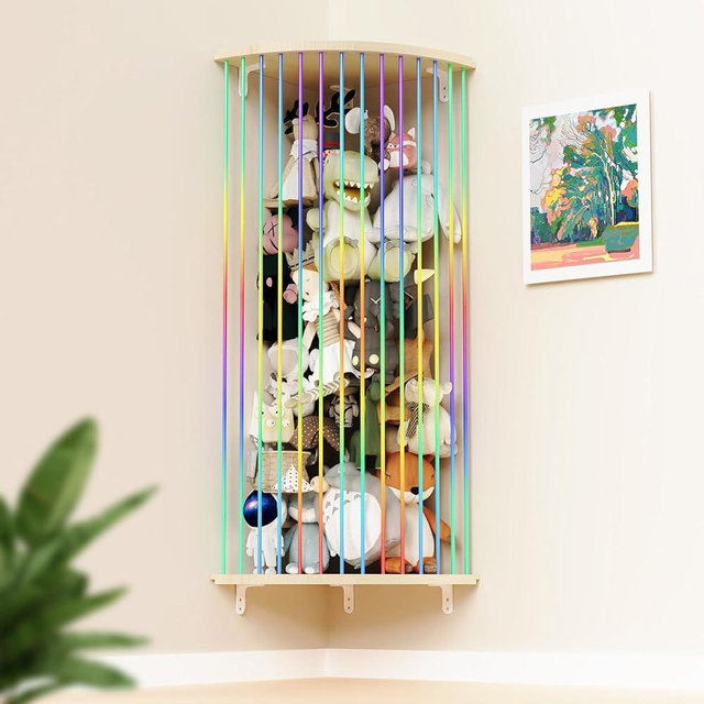 Stuffed Animal Storage, Wood Soft Toy Shelf with Adjustable Length Nursery Toy Organizer Hammock, Hanging Corner Net Stuff Animal Holder Zoo,Plush Toy Organizer for Play Room Bedroom Kids Room Décor