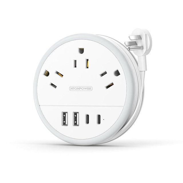 NTONPOWER Travel Power Strip, Cruise Approved Power Strip with 3 Outlets 4 USB Ports(2 USB C), 4FT Wrapped Around Flat Extension Cord, Portable Power Strip for Travel Cruise Ship Essentials White