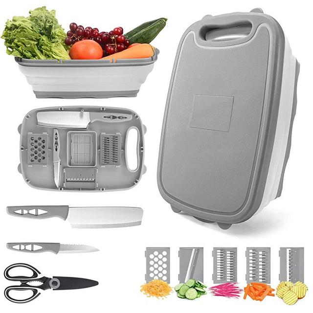 Camping Cutting Board, HI NINGER Collapsible Chopping Board with Colander, 9-In-1 Multi Chopping Board Kitchen Vegetable Washing Basket for Camping,Camping Gifts Camping Accessories for RV Campers