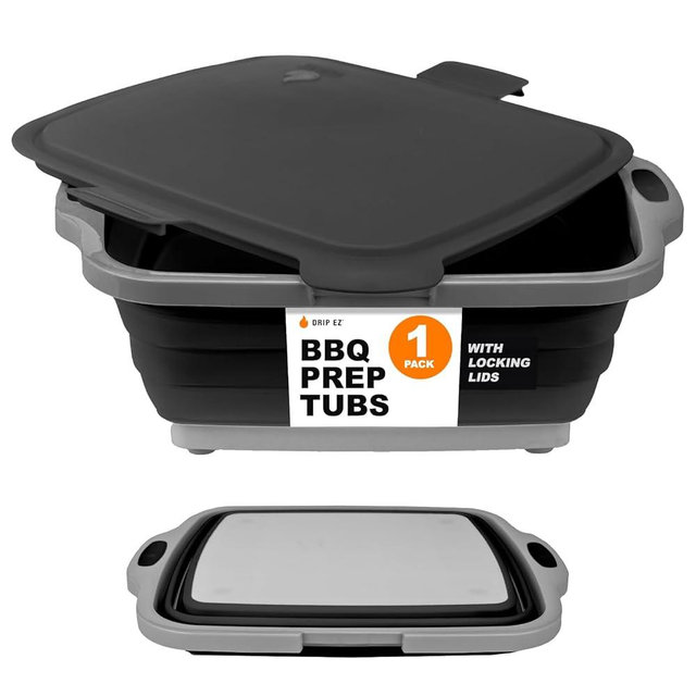 Drip EZ Collapsible BBQ Prep Tub - for Meal Prep Marinating Food Storage - Includes Cutting Board & Locking Lid - (1) JR - Black