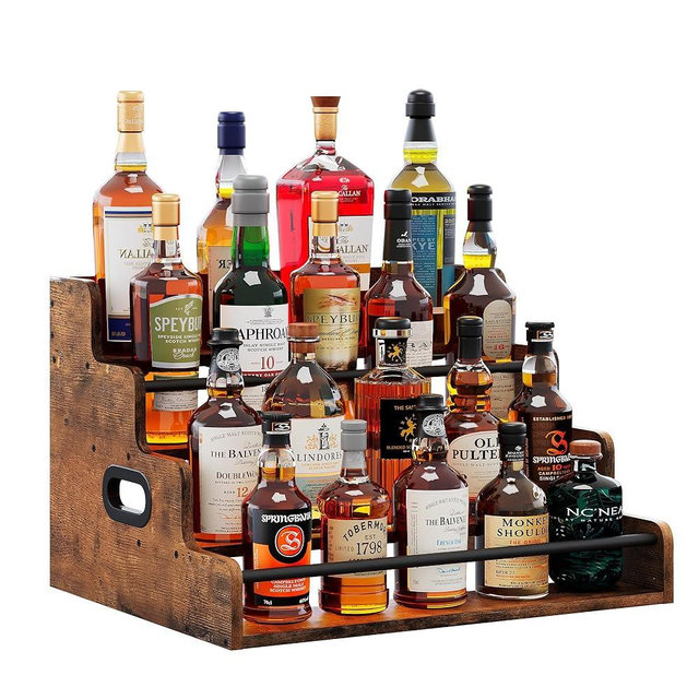 LIVELYGLOW 19.6”W x 15.74" D x 12.5" H Inches Versatile 4-Step Coffee Syrup & Water Bottle Organizer Rack Multi-Functional Retro Display Shelf for Kitchen or Bar, Holds Liquor & Spirits, Wooden