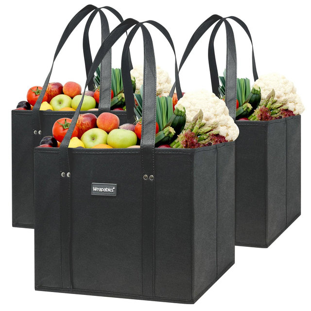 Wrapables 3Pk Heavy Duty Reusable Grocery Bags Black 3PK
