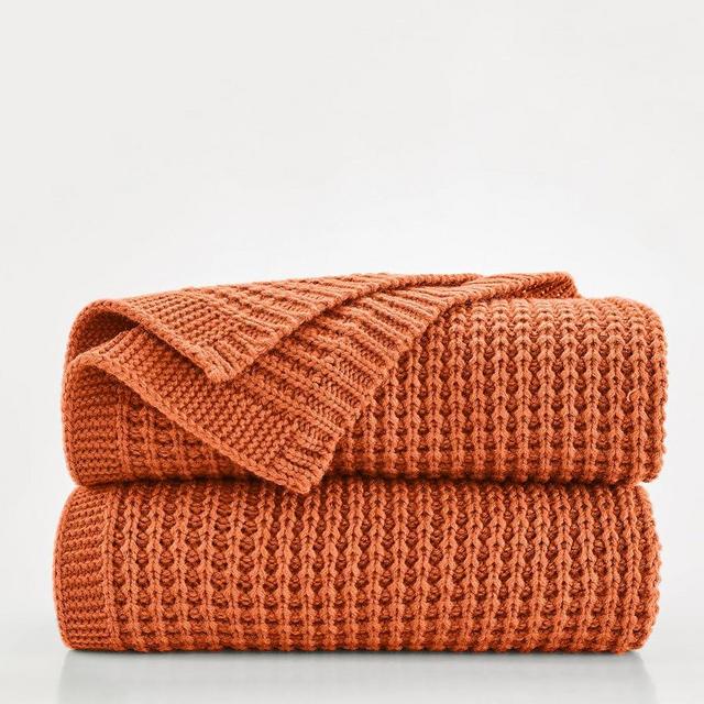 Douceur Rust Orange Throw Blanket for Bed, Soft Chunky Cable Knit Throw Blanket, Classic Fisherman's Rib Stitch Pattern Throw for Living Room,50"X60"