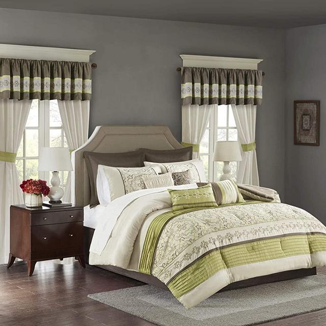 Madison Park Essentials Jelena Room in A Bag Faux Silk Comforter Classic Luxe All Season Down Alternative Bed Set with Bedskirt, Matching Curtains, Decorative Pillows, Queen, Green 24 Piece