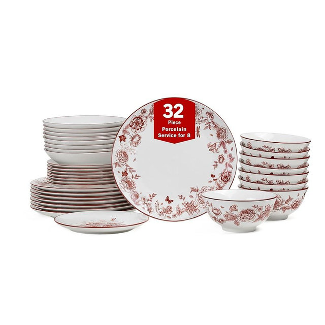Stone Lain Esme 32-Piece Dinnerware Set Porcelain, Plates and Bowls Set, Dish Set for 8, Cereal and Pasta Bowls, Microwave and Dishwasher Safe, Red